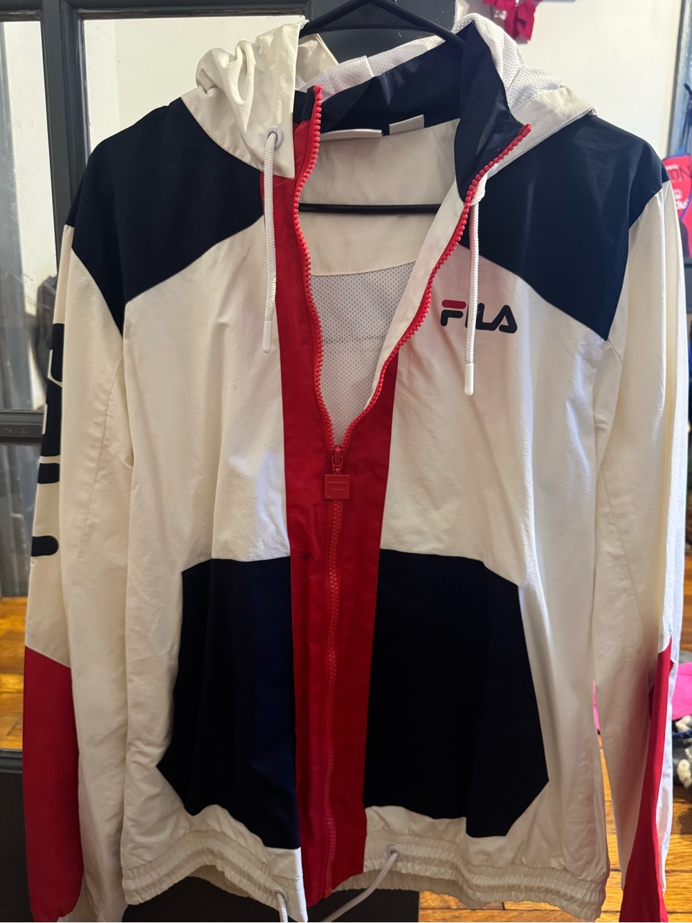Vintage FILA Women's Colorblock Hooded Windbreaker Jacket - White/Black/Red